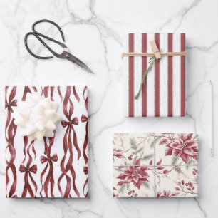 Rote Weiße Schleifen Florale Streifen Weihnachten Geschenkpapier Set
