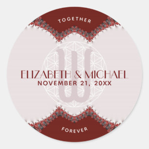 Rote & Weiße Spitzen-Monogramm-Hochzeit Runder Aufkleber