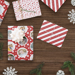 Rote weiße Sterne Streifen FotoCollage Weihnachten Geschenkpapier Set