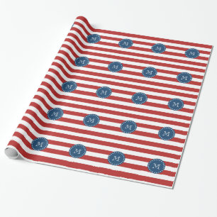 Rote weiße Streifen Muster, Marine-Blau-Monogramm Geschenkpapier