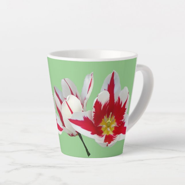 Rote, weiße Tulips Nah bis hellgrüne Latte Tasse (Rechte Ecke)