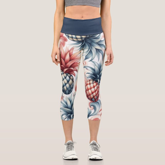 Rote, weiße und blaue Ananas Capri Leggings (Vorderseite)