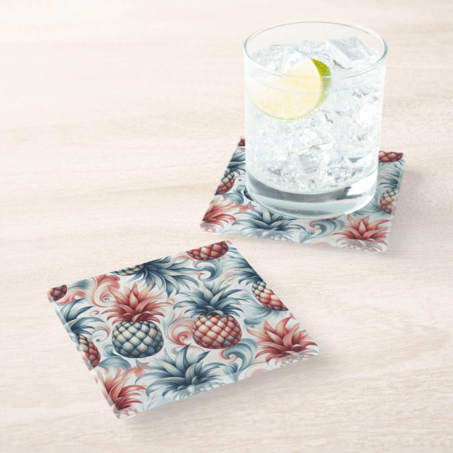 Rote, weiße und blaue Ananas Glasuntersetzer (Schrägansicht)