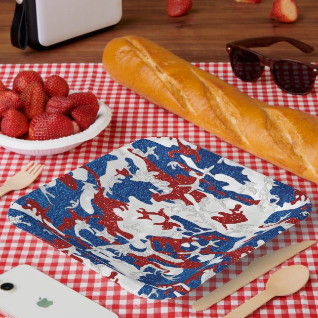 Rote, weiße und blaue Camouflage 4. Juli Glitzer P Pappteller (Picknick)
