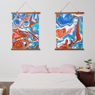 Rote, weiße und blaue Marmorflüssigkeit Kunst Wandteppich Mit Holzrahmen