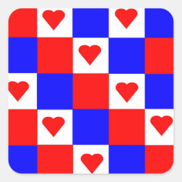 Rote, weiße und blaue Quadrate mit rotem Herzen Quadratischer Aufkleber