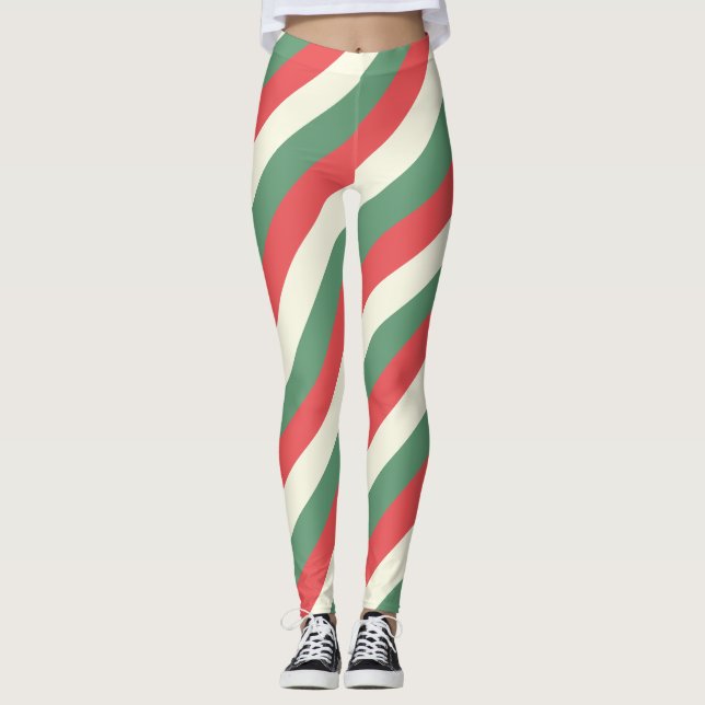 rote, weiße und grüne, klassische Candy Cane Strei Leggings (Vorderseite)