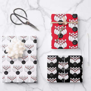 Rote, weiße und schwarze Bowlingbälle und Buttone Geschenkpapier Set