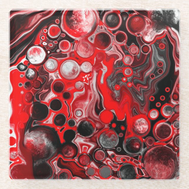 Rote, weiße und schwarze Pour Painting Effect Flui Glasuntersetzer (Vorderseite)