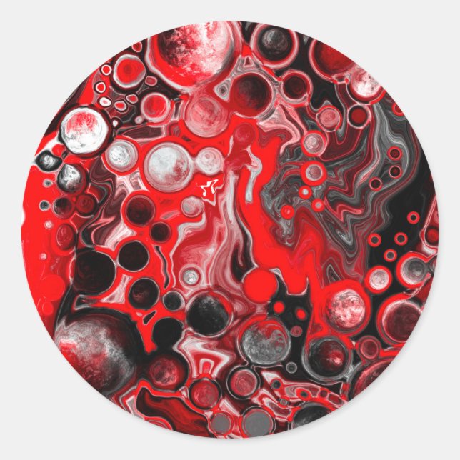 Rote, weiße und schwarze Pour Painting Effect Flui Runder Aufkleber (Vorderseite)