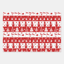Rote, weiße Urlaubsbäume, Schlitten und Snowmen Geschenkpapier Set