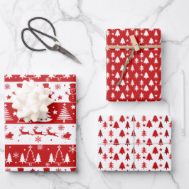 Rote, weiße Urlaubsbäume, Schlitten und Snowmen Geschenkpapier Set