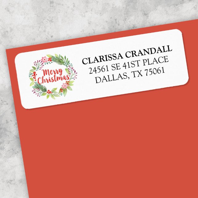 Rote weiße Weihnachtsblumenkruste Rücksendeadresse (An elegant Christmas wreath return address label)