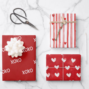 Rote weiße XOXO-Herz-Streifen Geschenkpapier Set