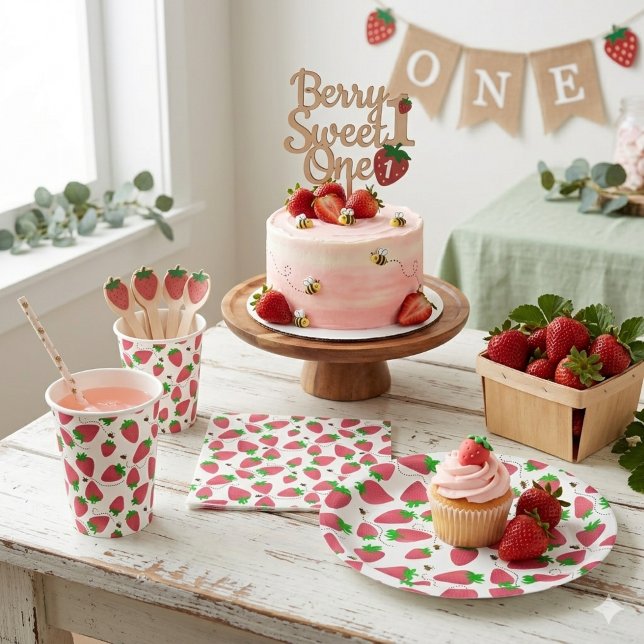 Rote Whimsical Erdbeeren Trailing Bienen Pappteller (Von Creator hochgeladen)