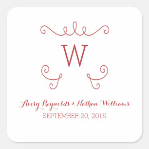 Rote Whimsical-Geblüht Monogramm-Hochzeitskleber Quadratischer Aufkleber