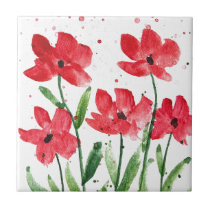 Rote Wildblumen Floral Aquarell Küche Rustikal Fliese