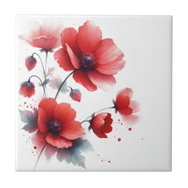 Rote Wildblumen Floral Aquarell Küche Rustikal Fliese (Vorderseite)