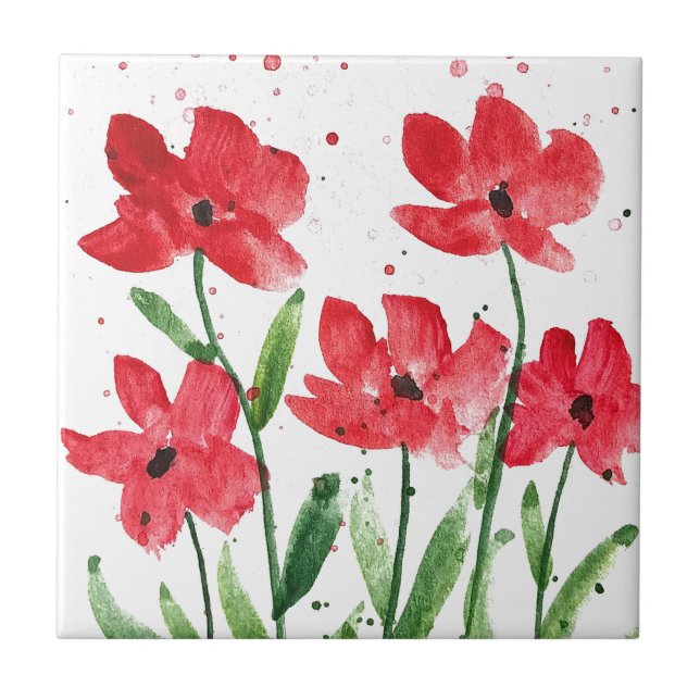 Rote Wildblumen Floral Aquarell Küche Rustikal Fliese (Vorderseite)
