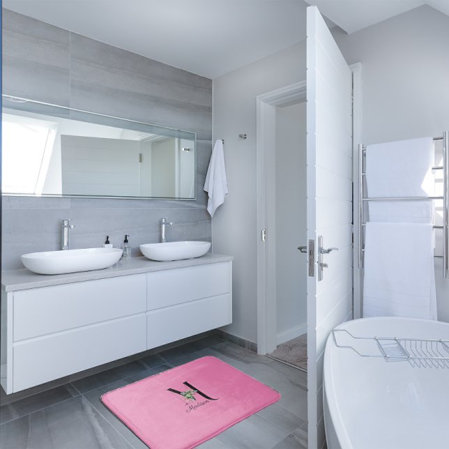 Rote Wildblumen in Aquarellfarbe, Monogramm pink Badematte (Von Creator hochgeladen)