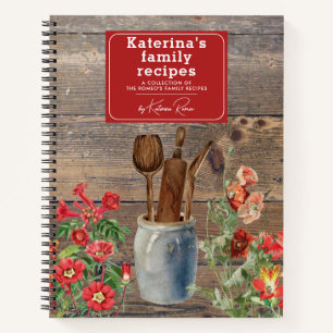 Rote Wildblumen Wood Kitchen Utensils Rezept Notizbuch