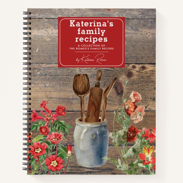 Rote Wildblumen Wood Kitchen Utensils Rezept Notizbuch (Vorderseite)