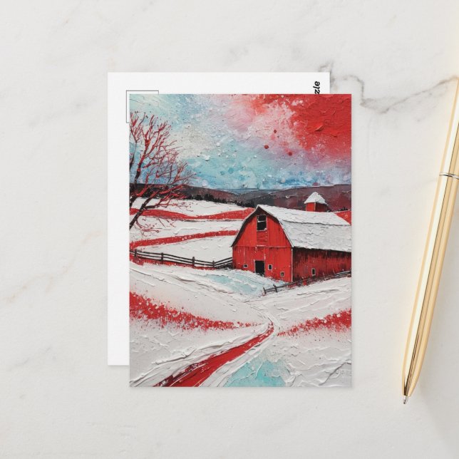 Rote Winter Scheune Postkarte (Vorderseite/Rückseite Beispiel)