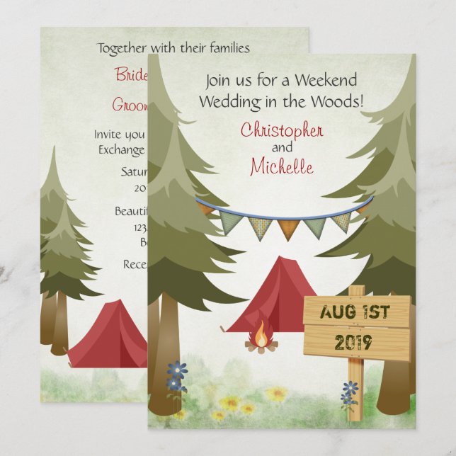 Rote Zelte und Campfire Woodland Camping Hochzeit Einladung (Vorne/Hinten)