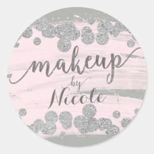 Röten Sie Rosa Silber & Grau Glitzerpunkte Makeup  Runder Aufkleber