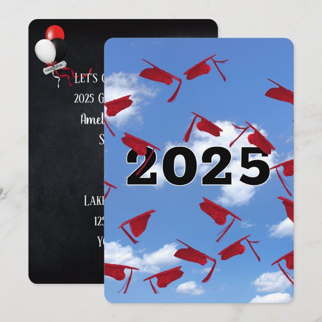 Roter Abschluss Hats in Sky 2025 Einladung (Vorne/Hinten)