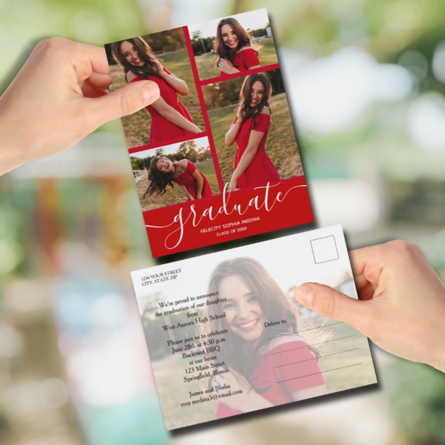 Roter Abschluss mit mehreren Fotos Einladung Postkarte (Multi 5 Photo Graduation Party Invitation Postcards)