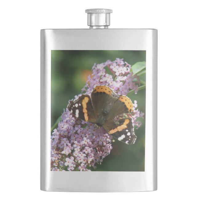 Roter Admiral Butterfly und Buddleia Flask Flachmann (Vorderseite)