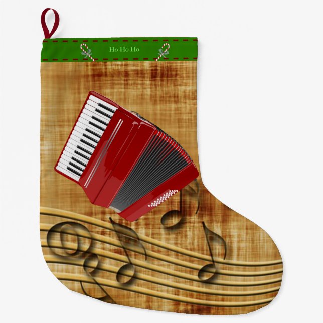Roter Akkordeon, schwarze Noten, goldener Hintergr Großer Weihnachtsstrumpf (Vorderseite)