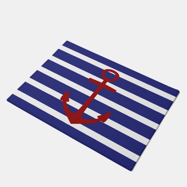 Roter Anker auf blauen und weißen nautischstreifen Fußmatte (Schrägansicht)