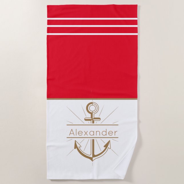 Roter Anker Nautic Monogram Name Bath Tow Strandtuch (Vorderseite)
