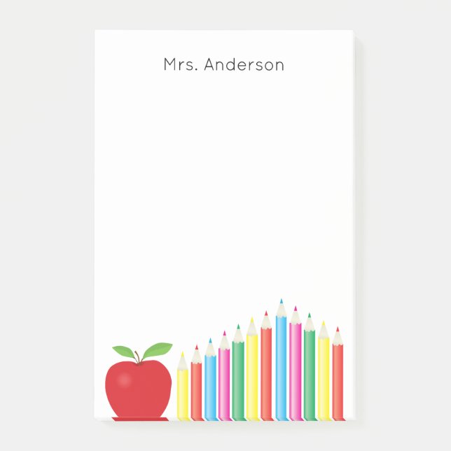 Roter Apple und farbiger Bleistift-Lehrer Post-it Klebezettel (Vorderseite)