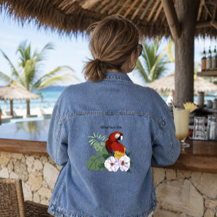 Roter Ara Papagei Tropischer Weißer Hibiskus Flora Jeansjacke