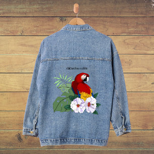 Roter Ara Papagei Tropischer Weißer Hibiskus Flora Jeansjacke