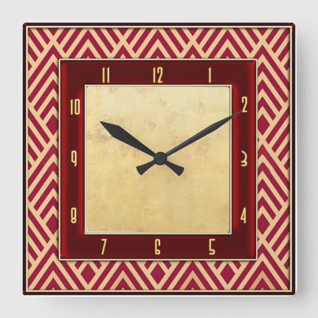 Roter Art-Deco-Stil Quadratische Wanduhr (Vorderseite)