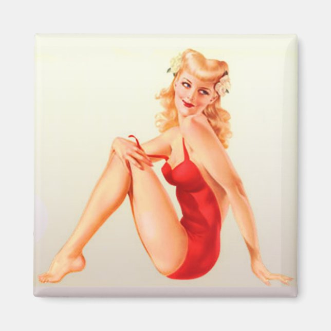 Roter Badeanzug Blonde Vixen Pinup Magnet (Vorne)