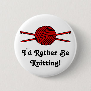 Roter Ball des Garns u. der Stricknadeln Button
