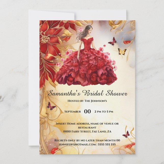 Roter Ballgown Blumen Blume Braut zu bestechen Einladung (Vorderseite)