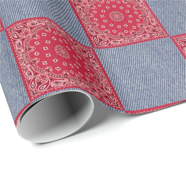 Roter Bandana-und Denim-Druck Geschenkpapier (Rolleneckpunkt)