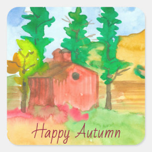 Roter Barn glücklich Herbst Wasserfarbe Quadratischer Aufkleber