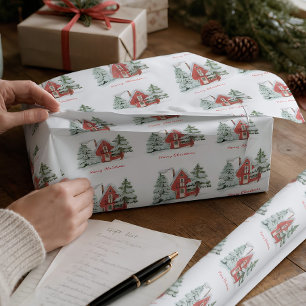 Roter Barn Grüner Winterwald Pine Weihnachtsbaum Geschenkpapier