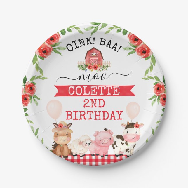 Roter Barn Oink Baa Moo Landtiere Geburtstag Pappteller (Vorderseite)