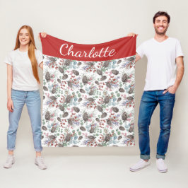 Roter Beeren-Wasserfarben-Monogramm-Name-Weihnacht Fleecedecke