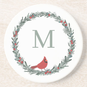 Roter Beerenkranz und rotes Kardinalmonogramm Getränkeuntersetzer