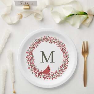 Roter Beerenkranz und rotes Kardinalmonogramm Pappteller