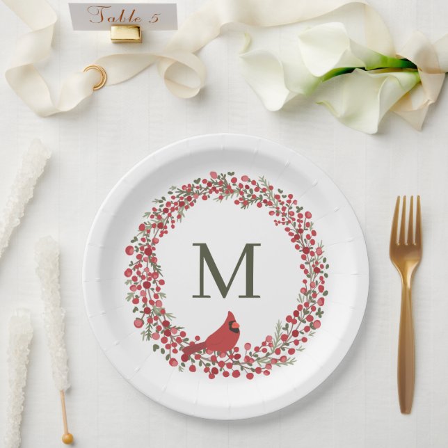 Roter Beerenkranz und rotes Kardinalmonogramm  Pappteller (Hochzeit)